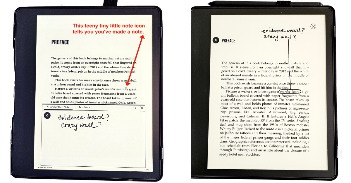 Compare how notes are handled natively in Kindle Scribe eBooks (left) with this superior hack allowing for handwriting anywhere you want (right).