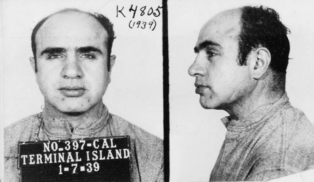 Alphonse Gabriel (Al) Capone, a.k.a. Scarface, Chicago Prohibition Era Crime Boss, spent two hours in Lewisburg prison in 1939. Photo Source: FBI