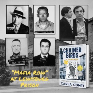 Historic Lewisburg Prison is featured in Carla Conti's true crime memoir Chained Birds. Lewisburg Penitentiary was once nicknamed "Mafia Row" for its list of jailed mobsters including Al Capone, a.k.a. Scarface, Whitey Bulger, Jimmy Hoffa, John Gotti and Henry Hill.