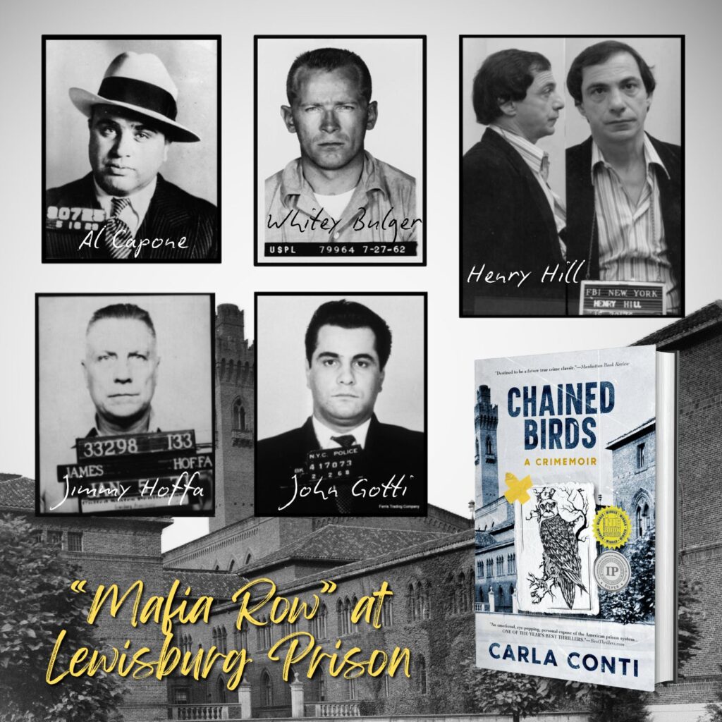 Historic Lewisburg Prison is featured in Carla Conti's true crime memoir Chained Birds. Lewisburg Penitentiary was once nicknamed "Mafia Row" for its list of jailed mobsters including Al Capone, a.k.a. Scarface, Whitey Bulger, Jimmy Hoffa, John Gotti and Henry Hill.
