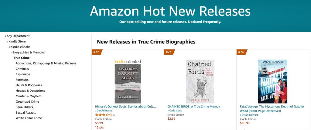 Chained Birds ranked #73 in True Crime for Amazon's all-books Hot New Releases list on 10-7-24