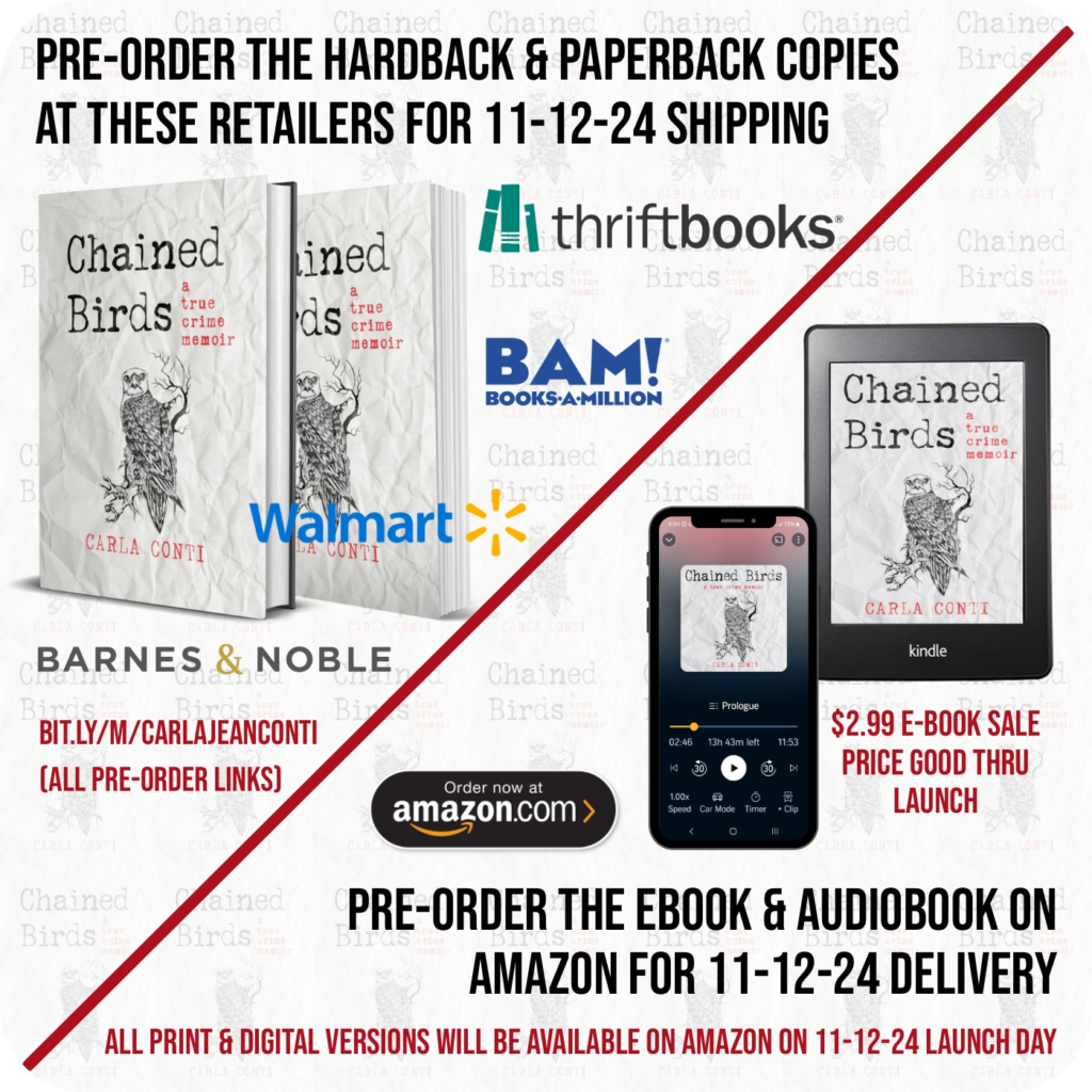 Pre-order Chained Birds Hardback and Paperback version from ThriftBooks, BooksAMillion, Walmart, and Barnes & Nobel. Pre-order the eBook and Audiobook from Amazon. All four editions will be available from Amazon on pub day 11-12-24.