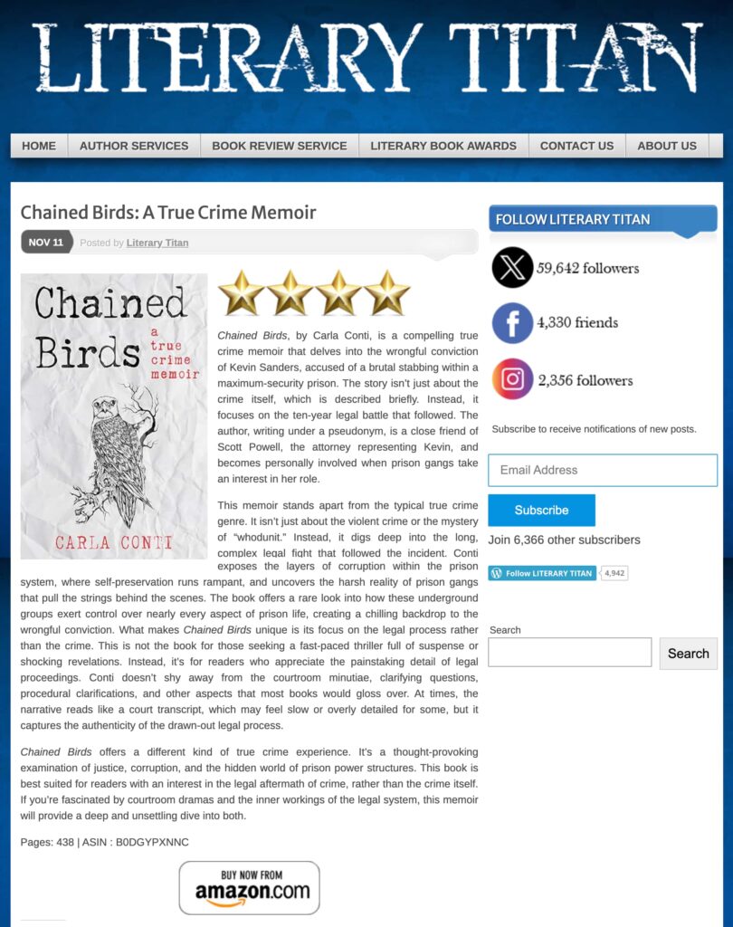 Chained Birds appears front-and-center on Literary Titan's home page on November 11. 2024