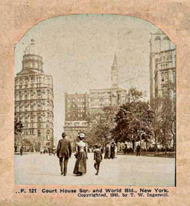 Nellie Bly talked her way into a meeting with managing editor Colonel John Cockerill of the New York World (building on the left, also called The Pulitzer Building), who proposed she go undercover as a patient at Blackwell's Island Lunatic Asylum for Women to report on abuses there.