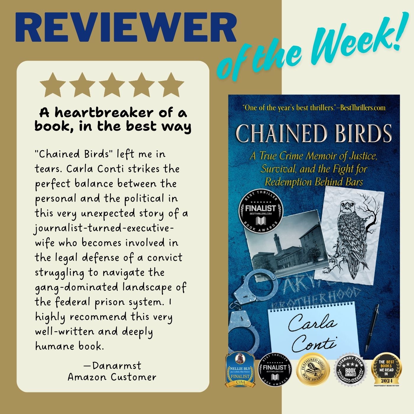 Chained Birds: A True Crime Memoir is the award-winning debut by author Carla Conti. It's out now in hardcover, paperback, eBook, and author-narrated audiobook.