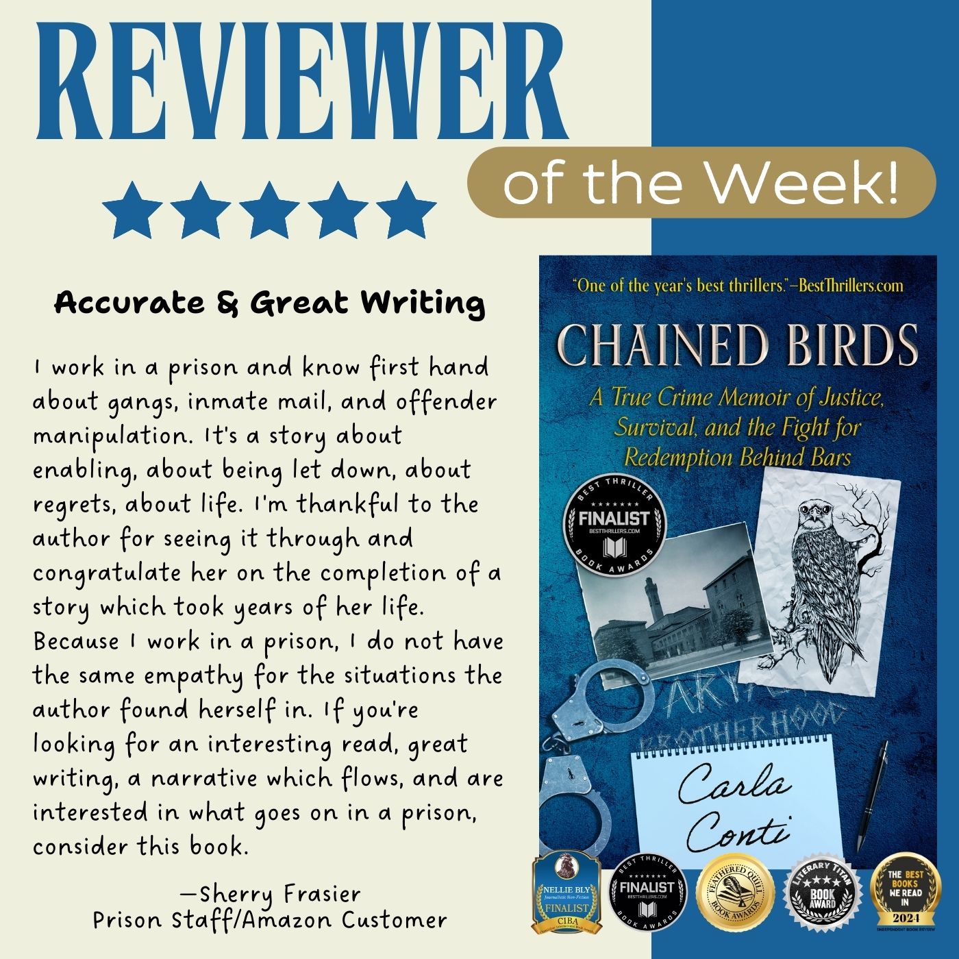 Chained Birds: A True Crime Memoir is the award-winning debut by author Carla Conti. It's out now in hardcover, paperback, eBook, and author-narrated audiobook.