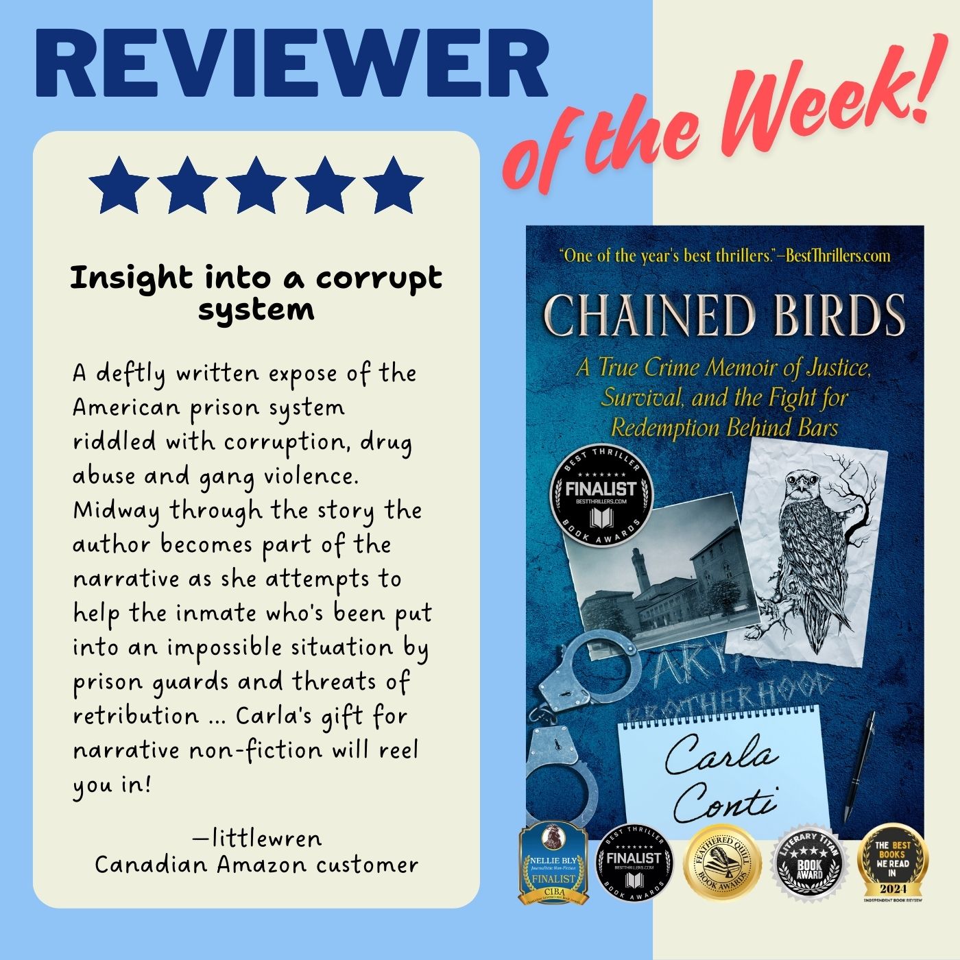 Chained Birds: A True Crime Memoir is the award-winning debut by author Carla Conti. It's out now in hardcover, paperback, eBook, and author-narrated audiobook.