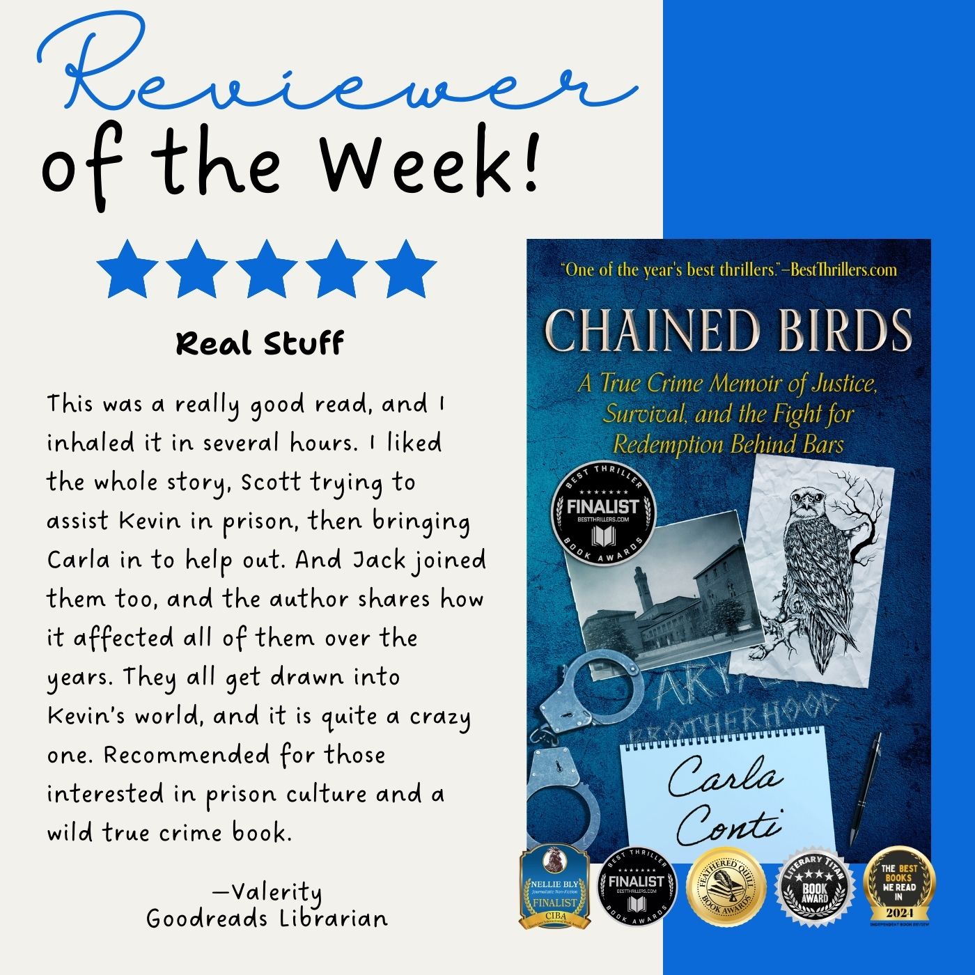 Chained Birds: A True Crime Memoir is the award-winning debut by author Carla Conti. It's out now in hardcover, paperback, eBook, and author-narrated audiobook.