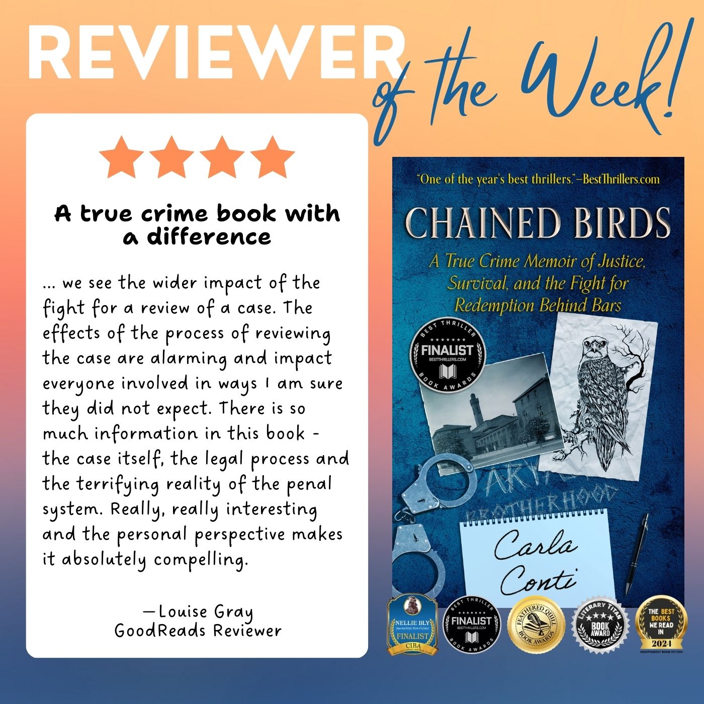 Chained Birds: A True Crime Memoir is the award-winning debut by author Carla Conti. It's out now in hardcover, paperback, eBook, and author-narrated audiobook.