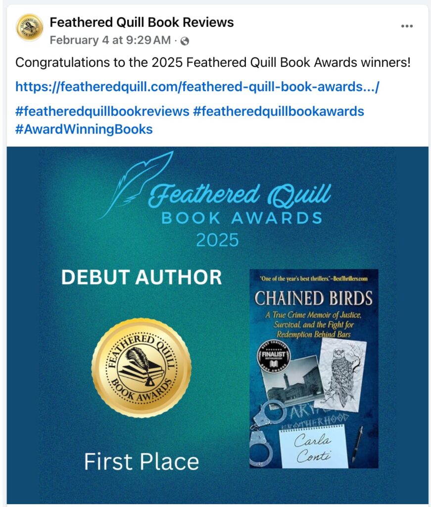 Chained Birds wins Gold/1st Place in the 2025 Feathered Quill Book Awards for Debut Author