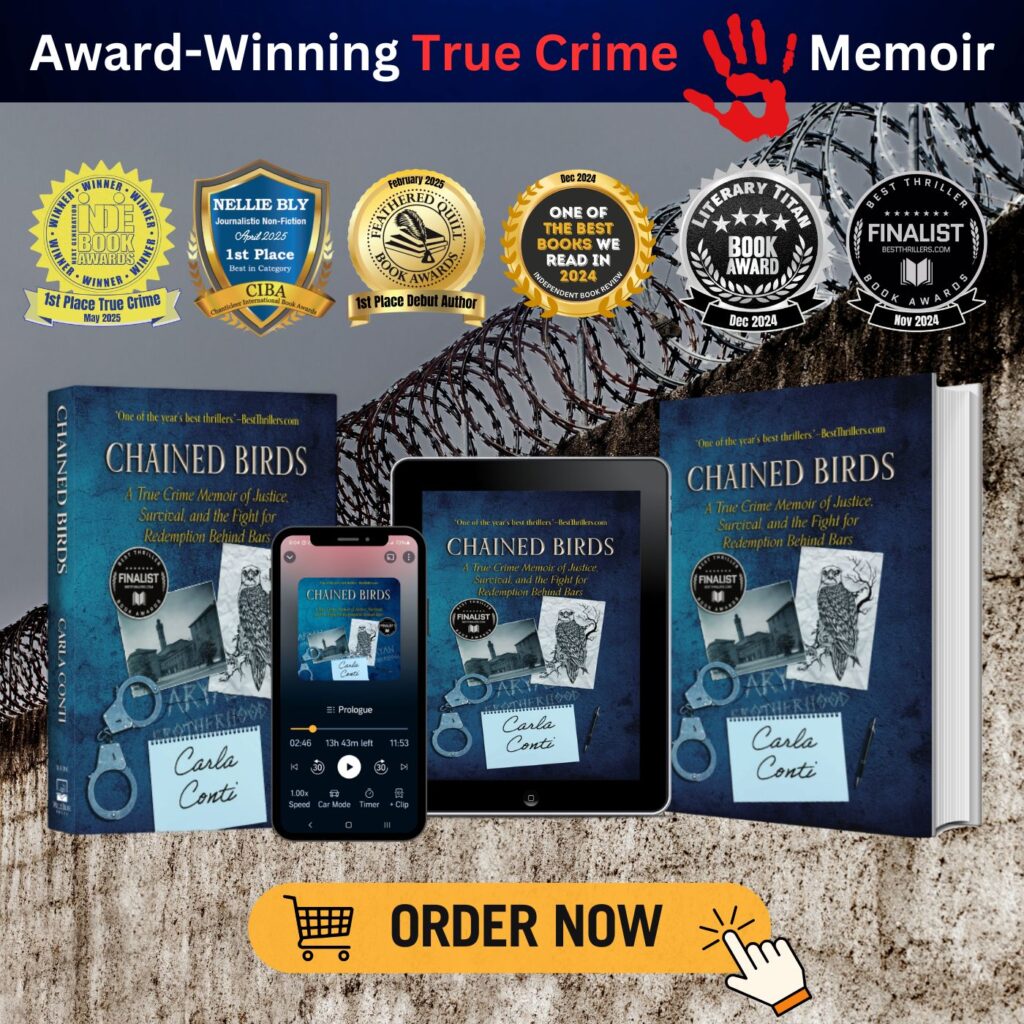 Chained Birds: A True Crime Memoir is the award-winning debut by author Carla Conti. It's out now in hardcover, paperback, eBook, and author-narrated audiobook.