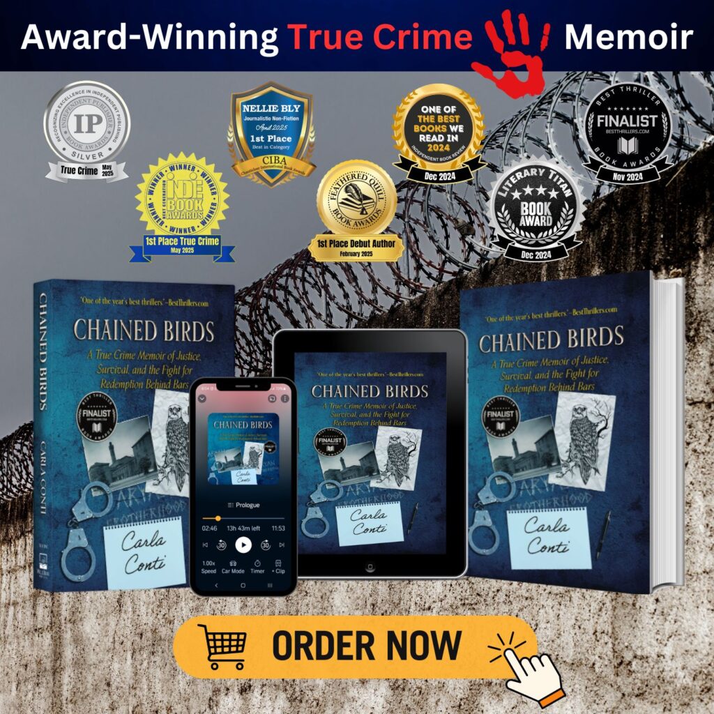 Chained Birds: A True Crime Memoir is the award-winning debut by author Carla Conti. It's out now in hardcover, paperback, eBook, and author-narrated audiobook.