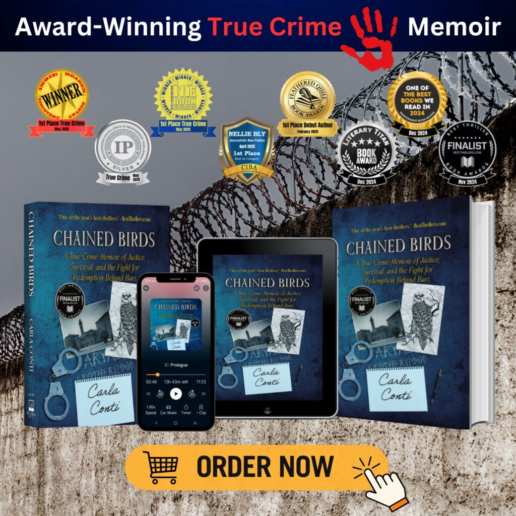 Chained Birds: A True Crime Memoir is the award-winning debut by author Carla Conti. It's out now in hardcover, paperback, eBook, and author-narrated audiobook.