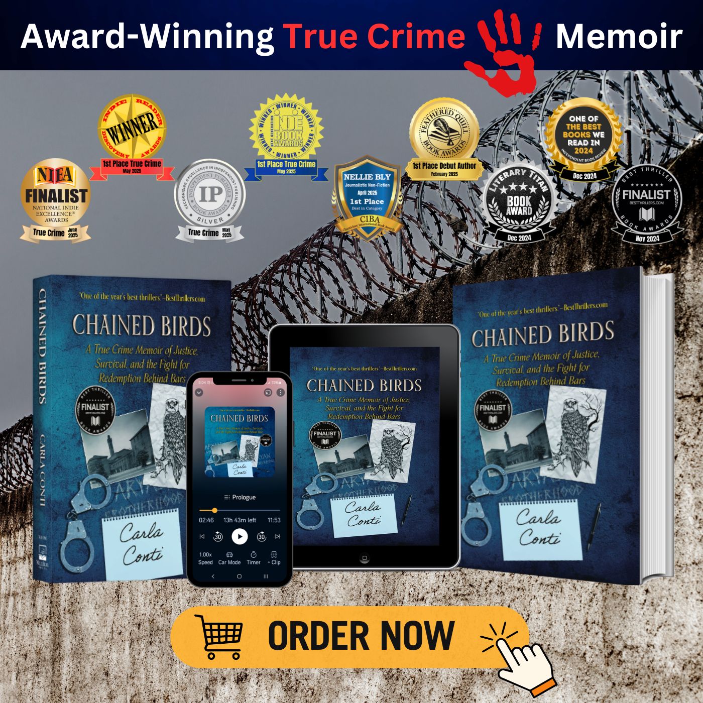 Chained Birds: A True Crime Memoir is the award-winning debut by author Carla Conti. It's out now in hardcover, paperback, eBook, and author-narrated audiobook.