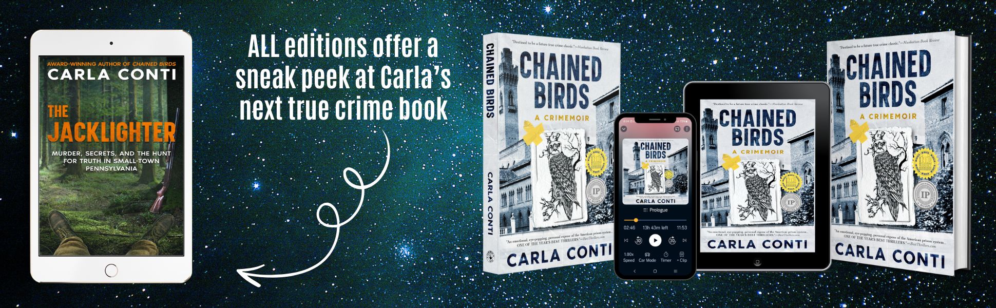 All editions of the re-launched Chained Birds contain a sneak peek at Carla's next true crime book: THE JACKLIGHTER