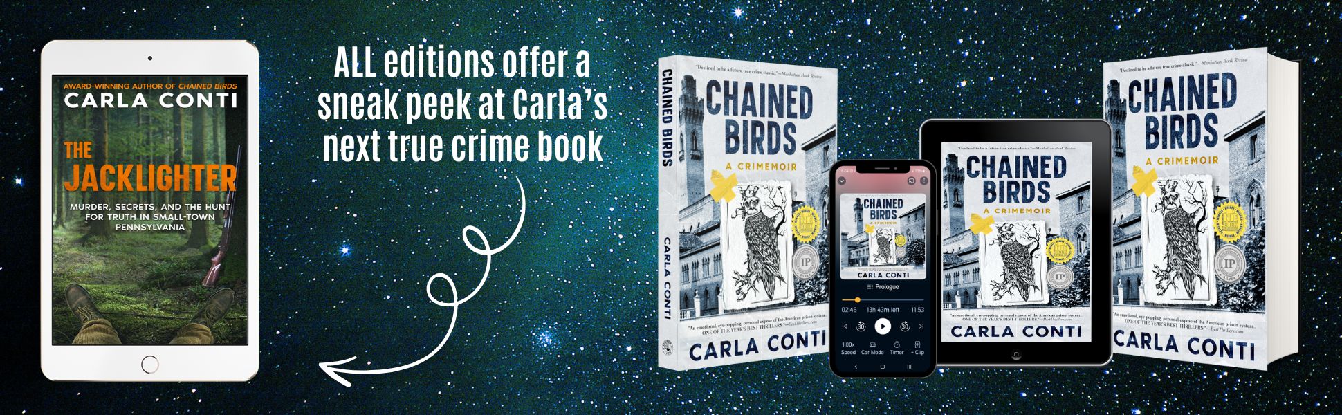 All editions of the re-launched Chained Birds contain a sneak peek at Carla's next true crime book: THE JACKLIGHTER
