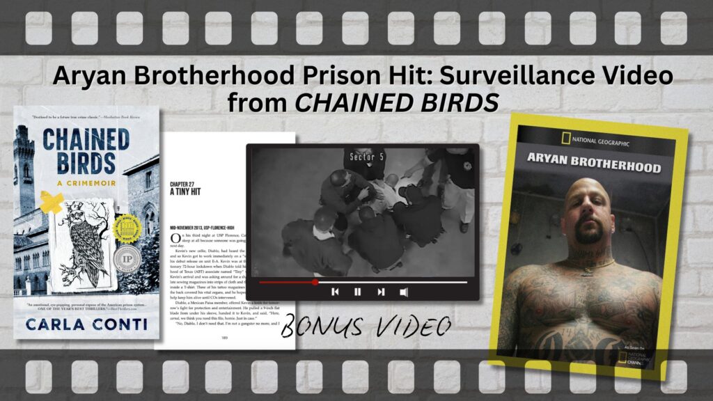 Another prison assault video from the true crime memoir Chained Birds by Carla Conti (viewer discretion advised). This is an Aryan Brotherhood "hit" on Kevin Sanders for testifying about the prison gang at trial.