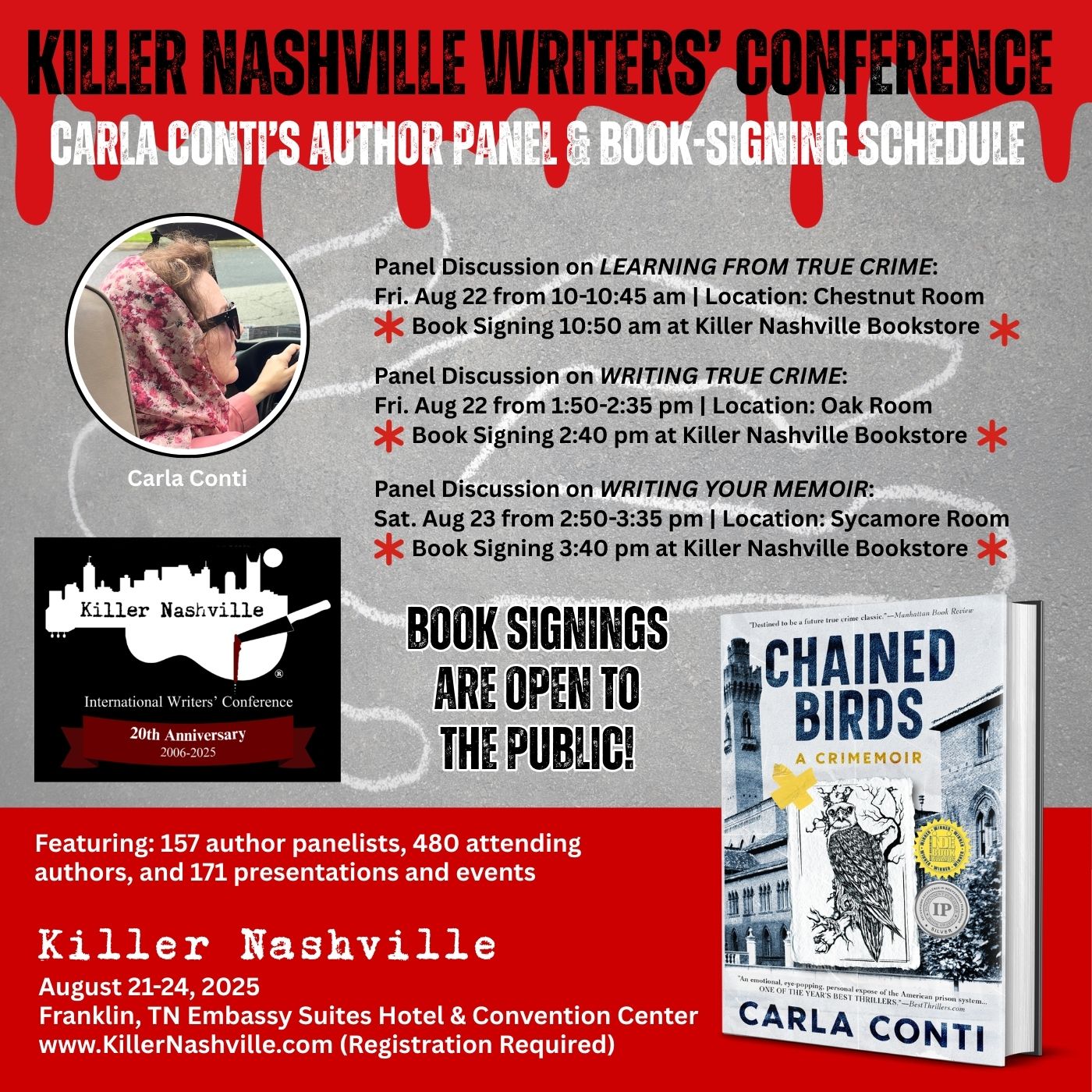Carla Conti will appear at the 2025 Killer Nashville Writers' Conference on three author panels, followed by a book-signing session at the Killer Nashville Book Store