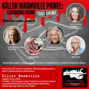Carla Conti will appear as a panelist at Killer Nashville's 2025 Writers' Conference with keynote and best-selling author Caitlin Rother and others