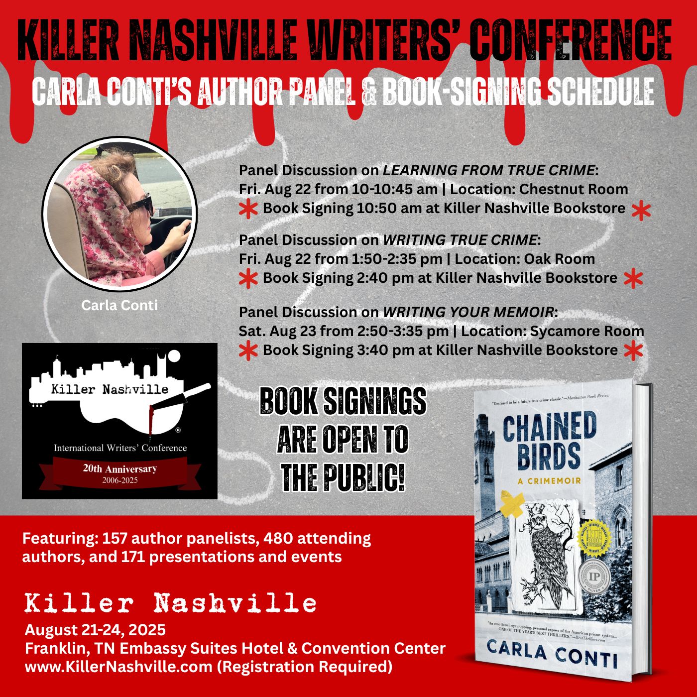 Carla Conti will appear at the 2025 Killer Nashville Writers' Conference on three author panels, followed by a book-signing session at the Killer Nashville Book Store