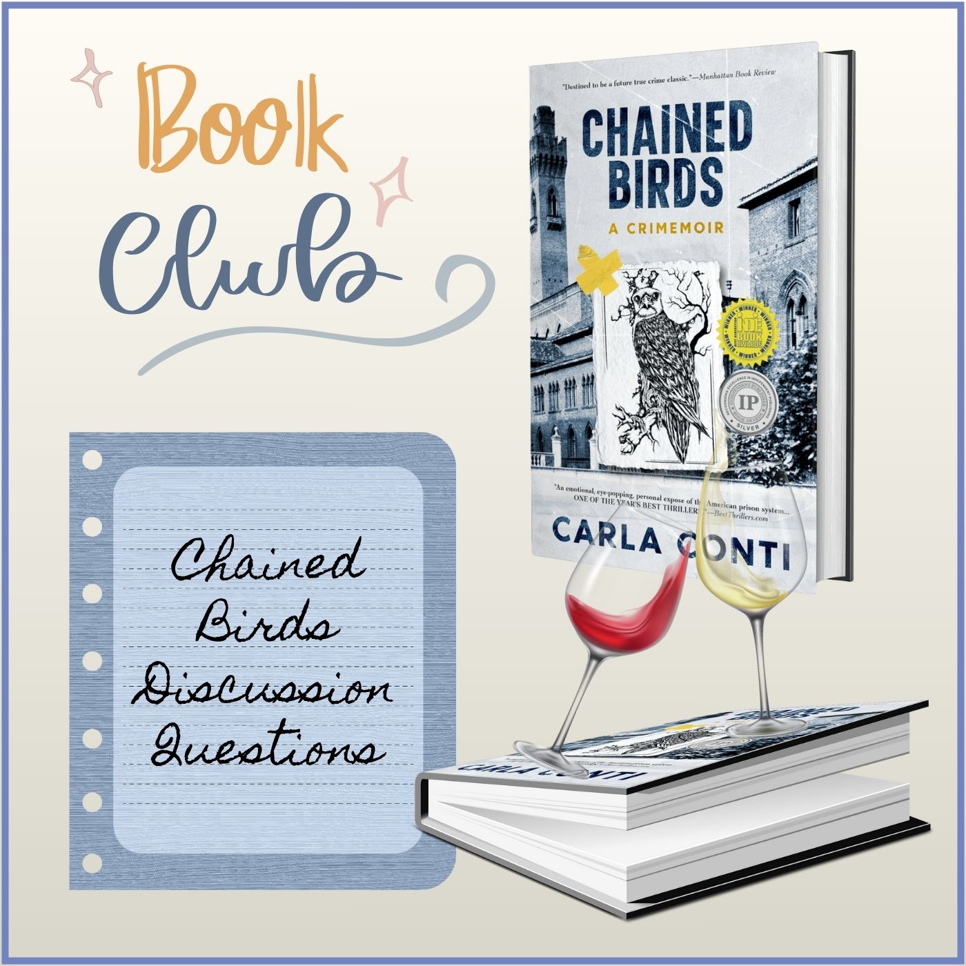 Book Club discussion questions for Carla Conti's award-winning true crime memoir CHAINED BIRDS: A CRIMEMOIR