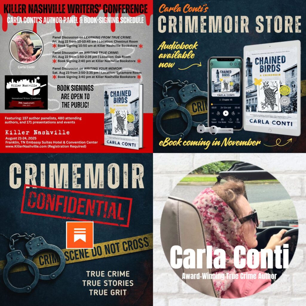 Carla Conti is the award-winning author of the true crime memoir CHAINED BIRDS: A CRIMEMOIR. Her next true crime book, THE JACKLIGHTER, is scheduled for release in 2026.