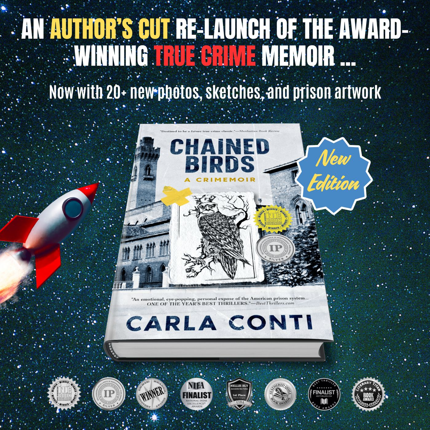 Carla Conti has re-launched her award-winning true crime memoir Chained Birds under her own imprint with 20+ new images