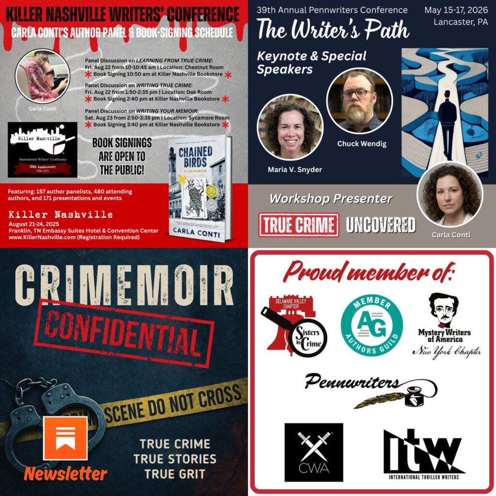 Carla Conti is the award-winning author of the true crime memoir CHAINED BIRDS: A CRIMEMOIR. Her next true crime book, THE JACKLIGHTER, is scheduled for release in 2026.