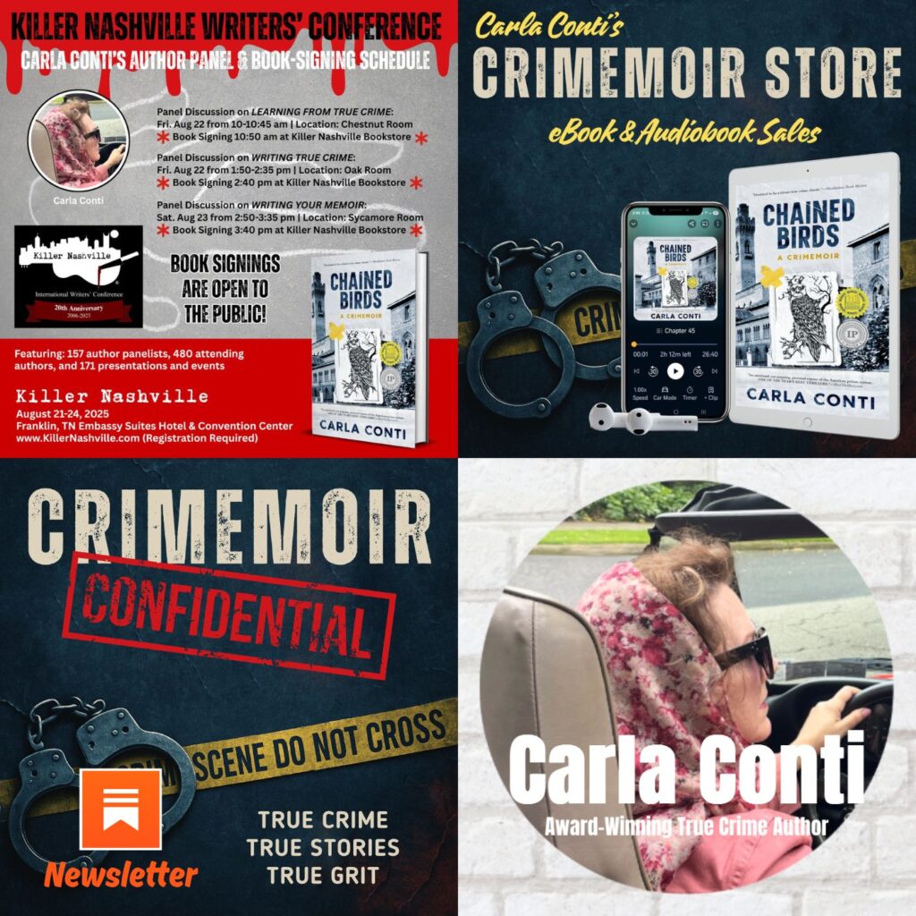 Carla Conti is the award-winning author of the true crime memoir CHAINED BIRDS: A CRIMEMOIR. Her next true crime book, THE JACKLIGHTER, is scheduled for release in 2026.