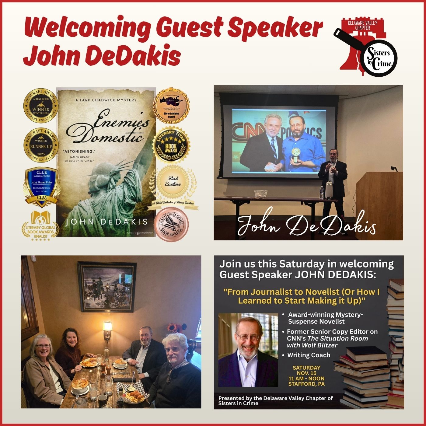 Award-Winning Author and CNN Journalist John DeDakis Visits Philly area Sisters In Crime-Delaware Valley Chapter group