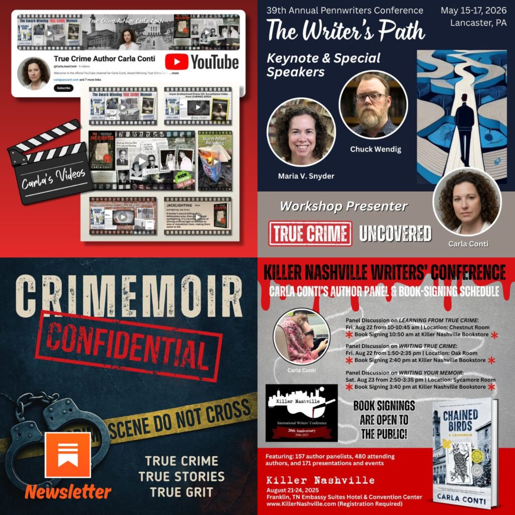 Carla Conti is the award-winning author of the true crime memoir CHAINED BIRDS: A CRIMEMOIR. Her next true crime book, THE JACKLIGHTER, is scheduled for release in 2026.