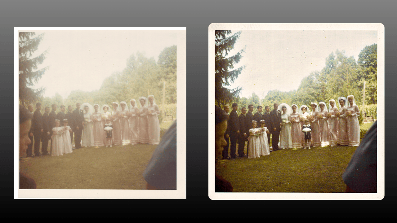 Comparison between the original scanned 1968 wedding party photo on left, and the digitally restored version on right