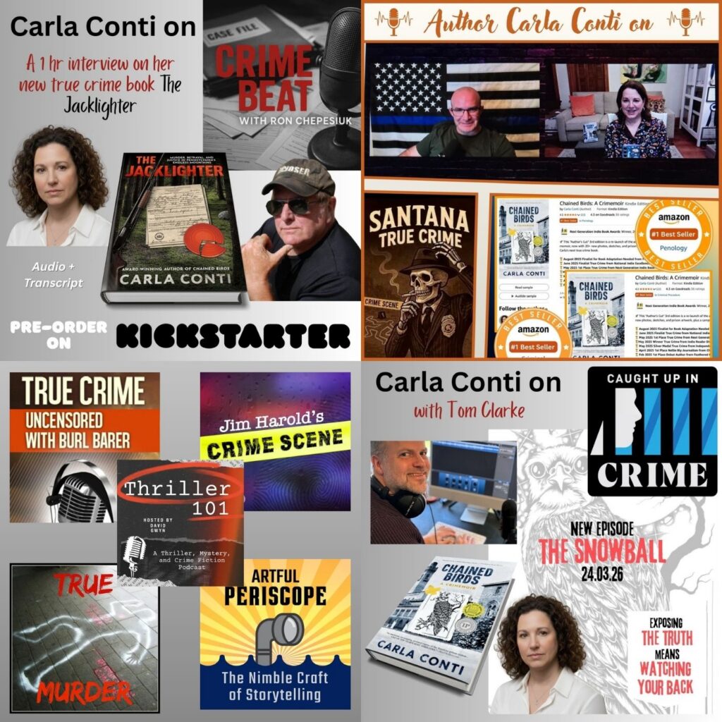Carla Conti's Podcast Appearances where she discusses CHAINED BIRDS and THE JACKLIGHTER