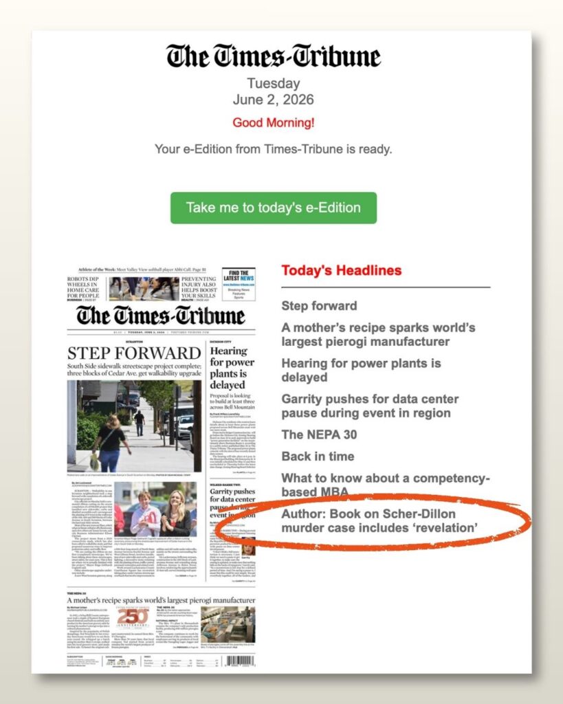 My story, listed among the morning headlines in the Scranton Times-Tribune e-edition, June 2, 2026.