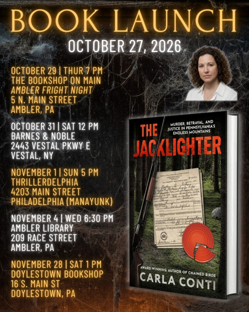 THE JACKLIGHTER, Carla Conti's new true crime book on the Scher-Dillon case, launches Oct. 27, 2026. Five book events are now on the calendar. 🎃