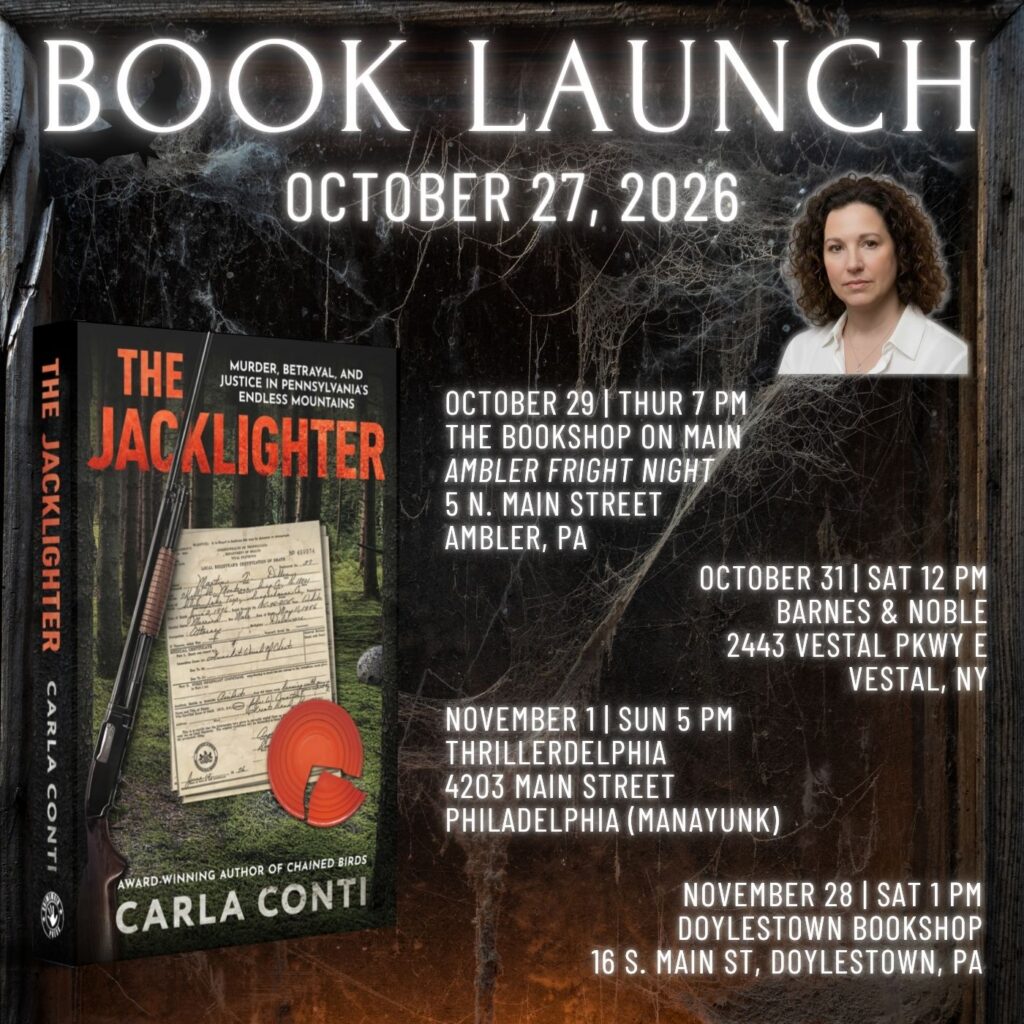 THE JACKLIGHTER, Carla Conti's new true crime book on the Scher-Dillon case, launches Oct. 27, 2026. Four signing events now on the calendar. 🎃