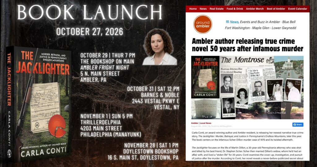 THE JACKLIGHTER, Carla Conti's new true crime book on the Scher-Dillon case, launches Oct. 27, 2026. Four signing events now on the calendar. 🎃