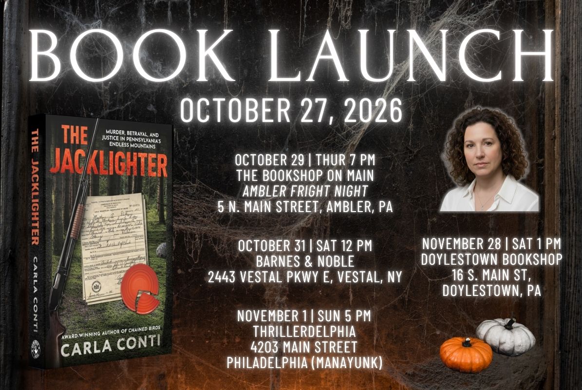 THE JACKLIGHTER, Carla Conti's new true crime book on the Scher-Dillon case, launches Oct. 27, 2026. Four signing events now on the calendar. 🎃