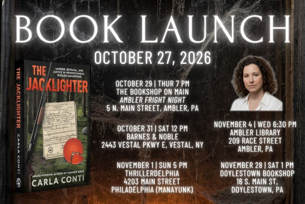 THE JACKLIGHTER, Carla Conti's new true crime book on the Scher-Dillon case, launches Oct. 27, 2026. Five book events are now on the calendar. 🎃