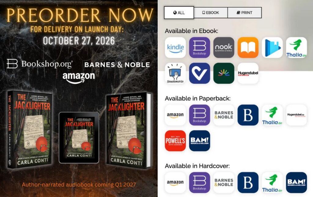 The Jacklighter can be preordered at Amazon, Bookshop.org, Barnes & Noble and a variety of other stores in eBook, hardcover and paperback.