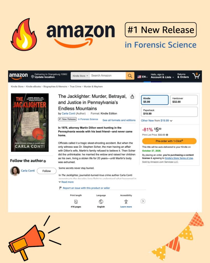 The Jacklighter briefly hit #1 New Release in Forensic Science on Amazon. It's since slipped one or two a spots or two but it would only take one or two preorders to nudge it right back!