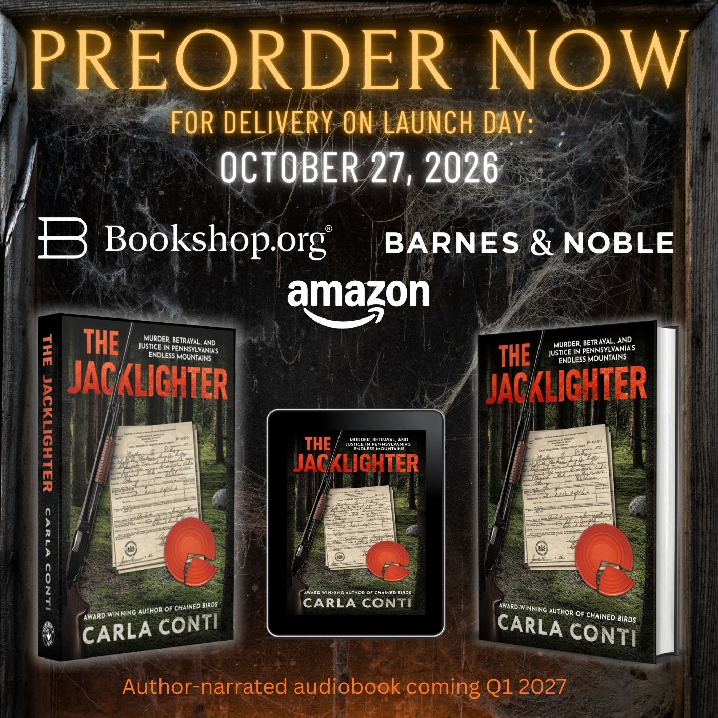 The Jacklighter hardcover, paperback and eBook preorders are live on Amazon, Bookshop.org, Barnes & Noble and many other places for delivery on launch day, Oct. 27, 2026.