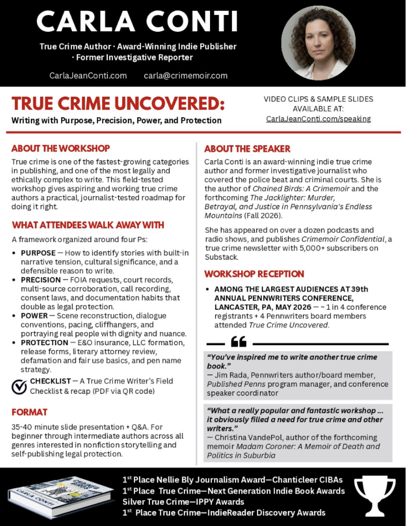 True Crime Author Carla Conti presents workshops on true crime and narrative nonfiction writing