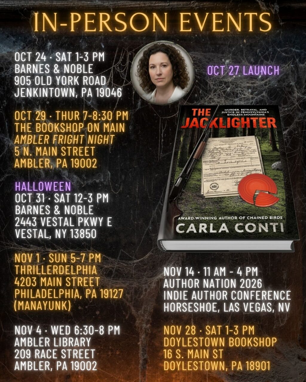 Join Carla Conti for a book launch event near you where she'll be signing copies of The Jacklighter, her second true crime book.