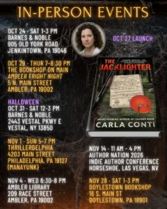 Join Carla Conti for a book launch event near you where she'll be signing copies of The Jacklighter, her second true crime book.