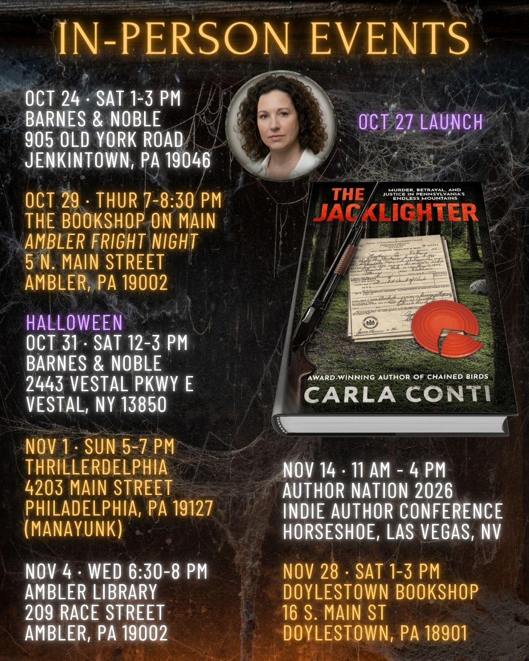 Join Carla Conti for a book launch event near you where she'll be signing copies of The Jacklighter, her second true crime book.