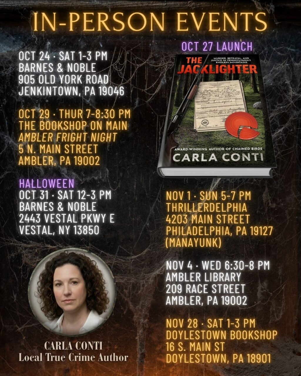 Join Carla Conti for a book launch event near you where she'll be signing copies of The Jacklighter, her second true crime book.