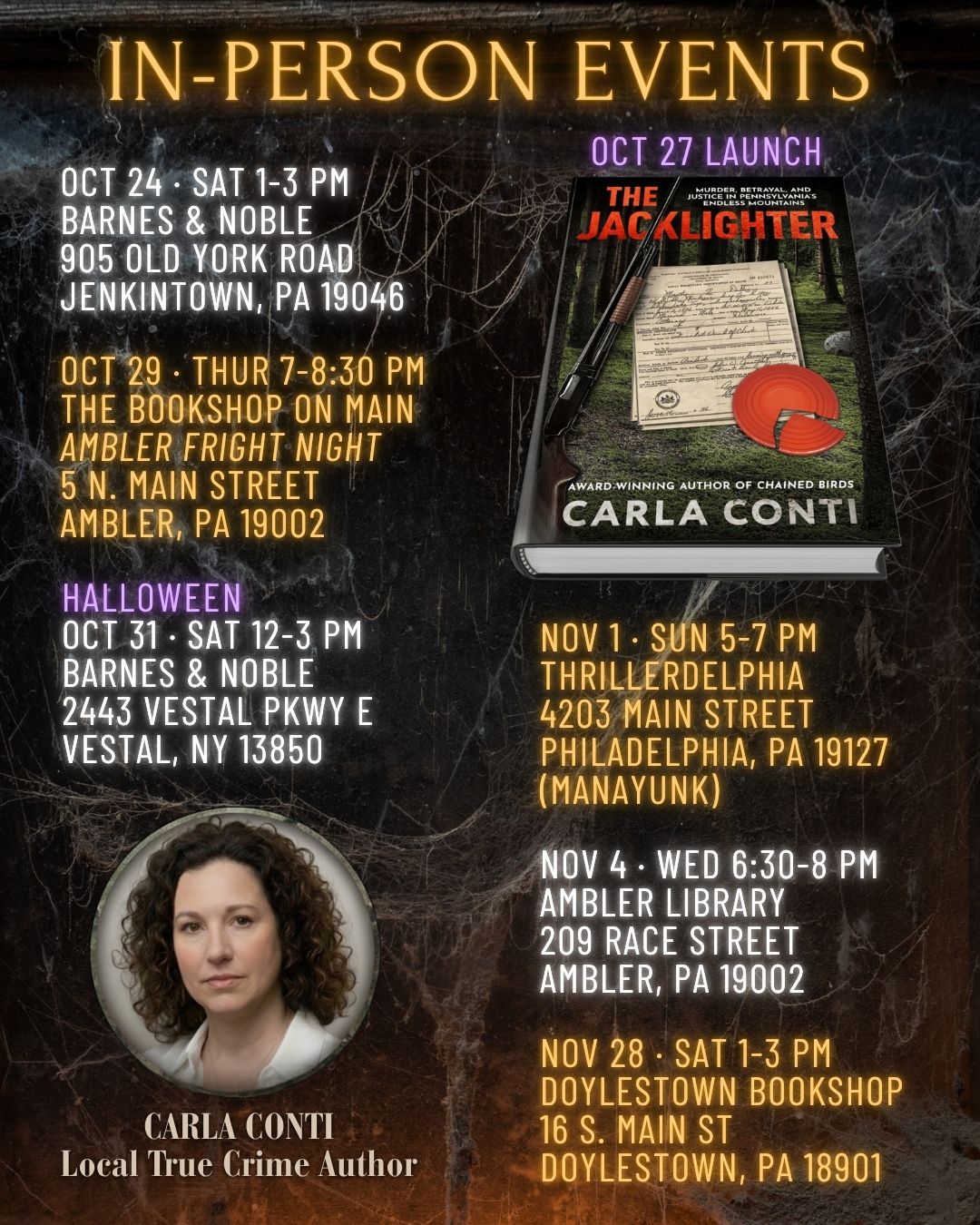 Join Carla Conti for a book launch event near you where she'll be signing copies of The Jacklighter, her second true crime book.