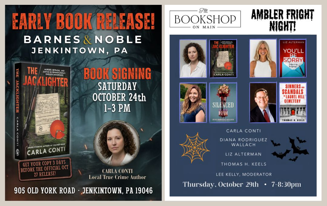 Join Carla Conti at the Jenkintown, PA Barnes and Noble Oct. 24 and The Bookshop on Main in Ambler Oct. 29 for in-person book signing events.