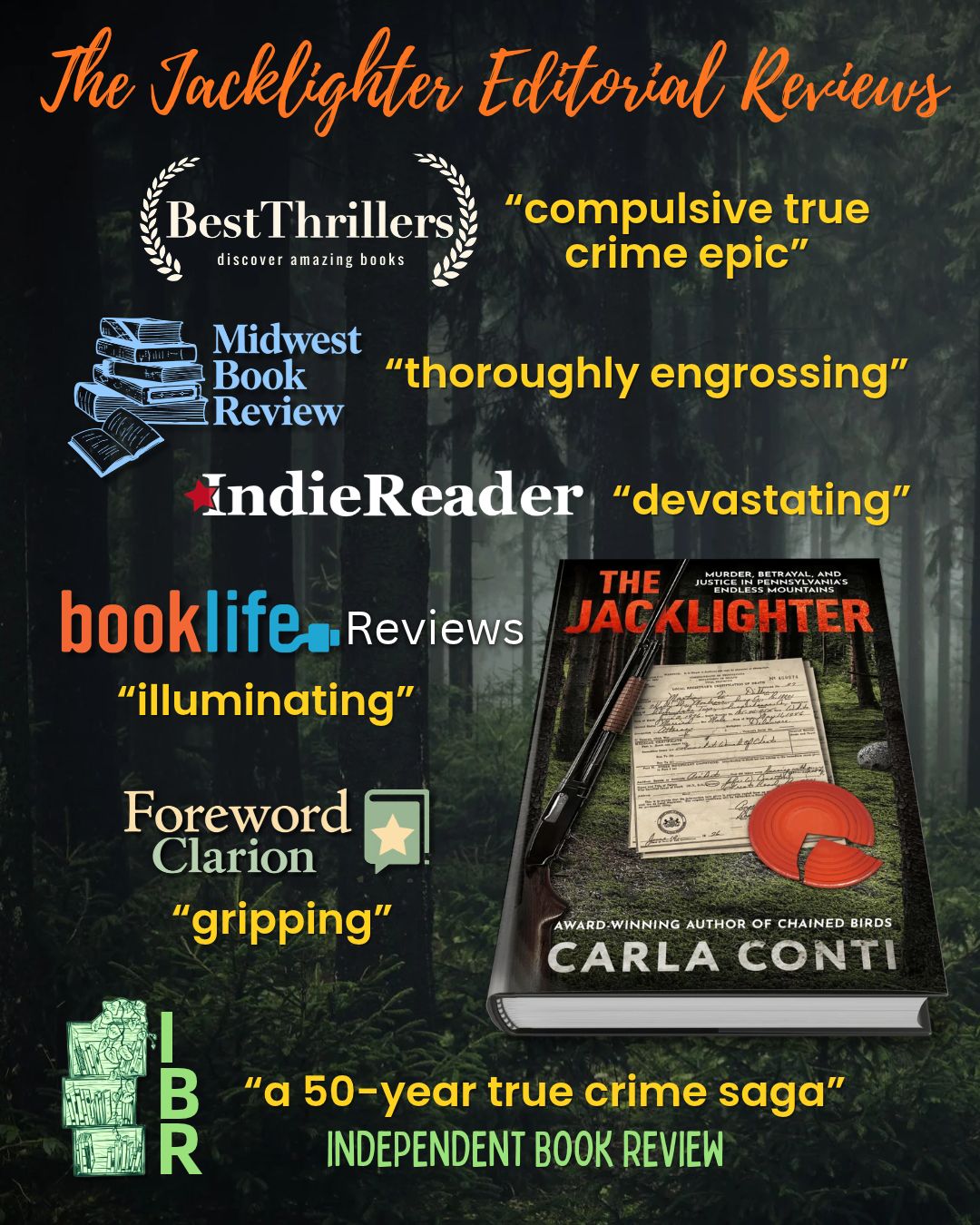 The Jacklighter is acclaimed by editorial reviewers including BestThrillers, IndieReaders, BookLife Reviews, Foreword Clarion Reviews, Midwest Book Reviews and Independent Book Review